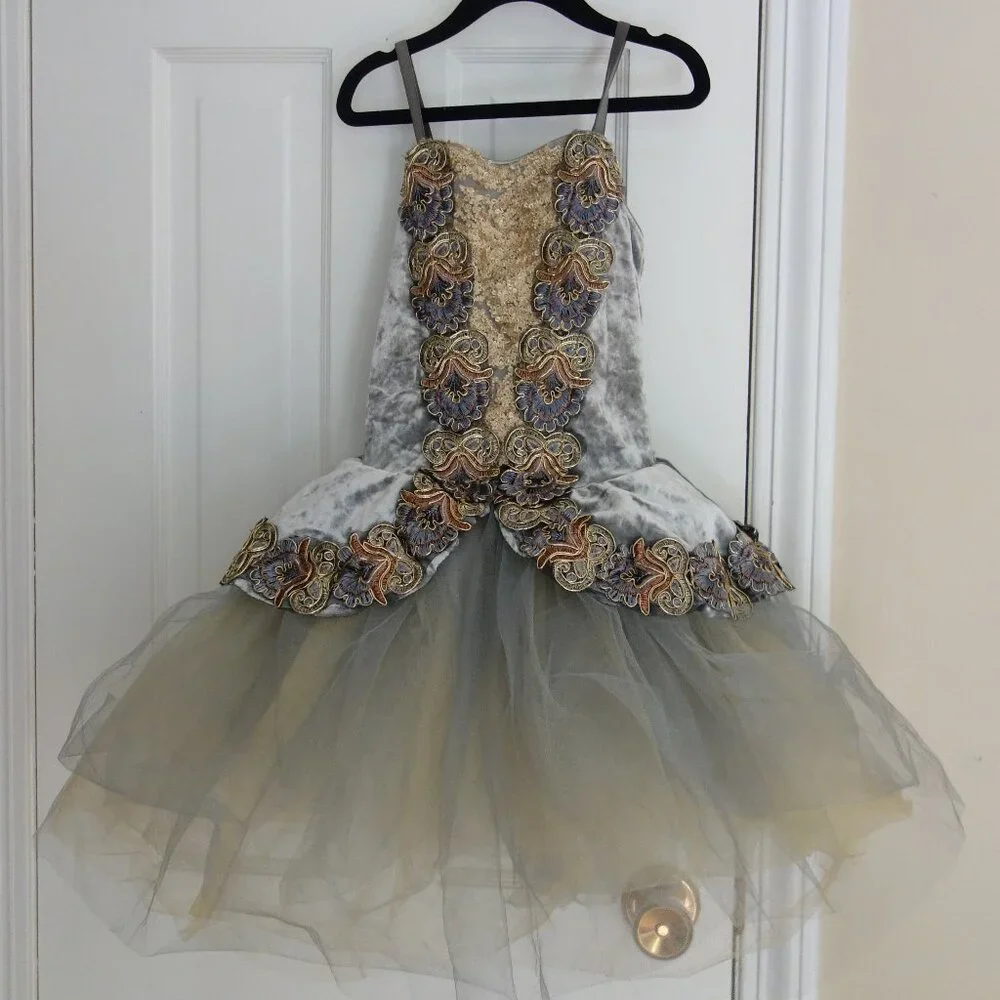 REVOLUTION DANCEWEAR Gray Crushed Velvet Metallic Floral Lace Dress – Girls Med